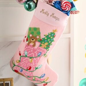 Pink Holiday Stocking with Bear and Tree Design- Scottie